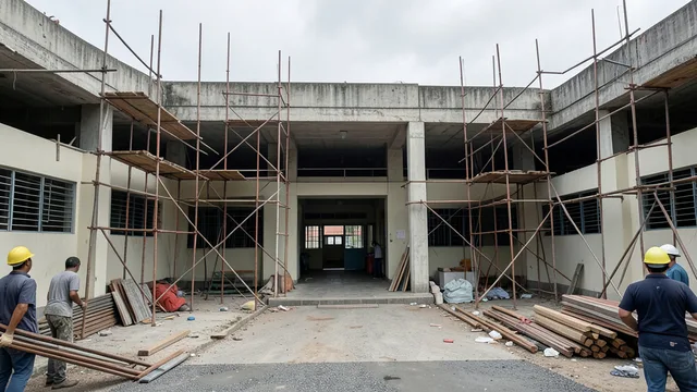 Obras de reforma em uma escola pública do Rio de Janeiro, com materiais de construção e andaimes.