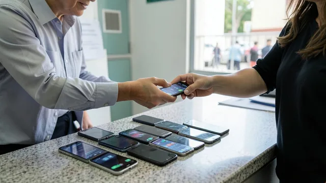 Imagem gerada por IA: Celulares recuperados sobre um balcão durante a entrega a proprietários.