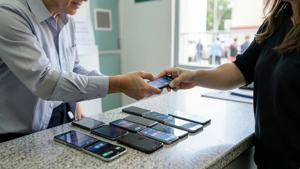 Imagem gerada por IA: Celulares recuperados sobre um balcão durante a entrega a proprietários.