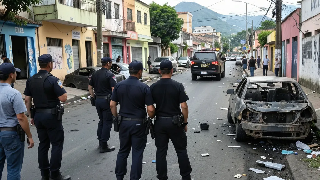 Imagem gerada por IA: Carro queimado em uma rua de Madureira após operação policial.