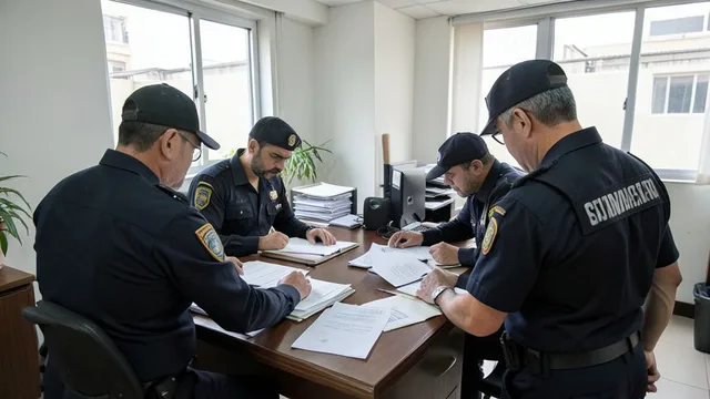 Imagem gerada por IA: Agentes federais analisam documentos em um prédio público durante uma investigação.
