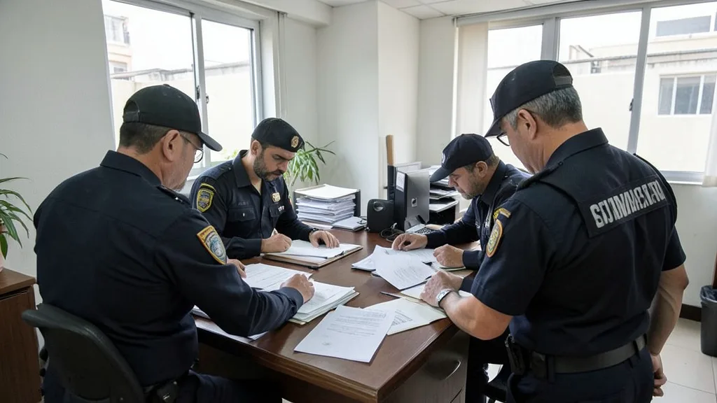 Imagem gerada por IA: Agentes federais analisam documentos em um prédio público durante uma investigação.