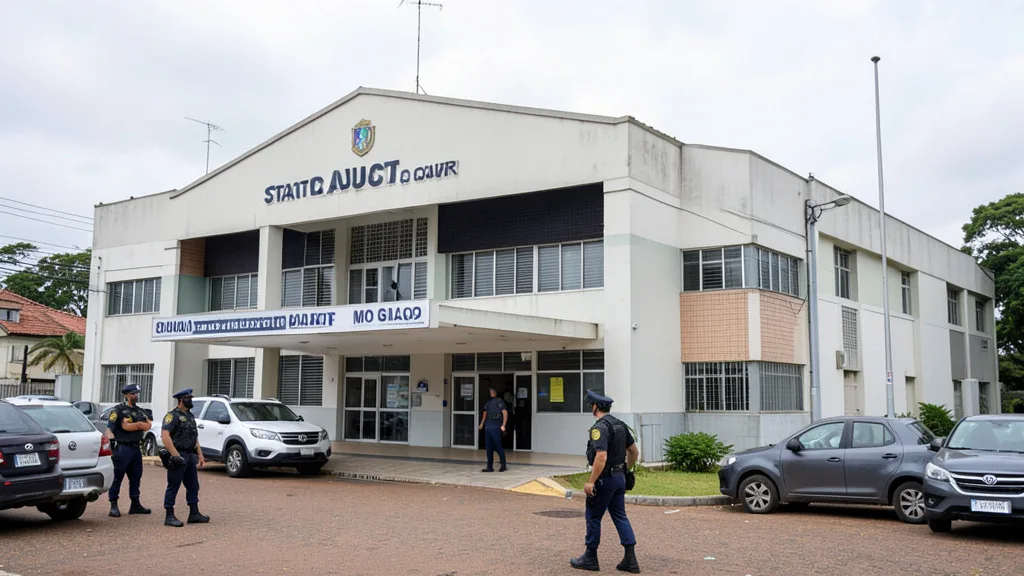 Imagem gerada por IA: Prédio de um tribunal de contas em Mato Grosso com policiais federais do lado de fora.