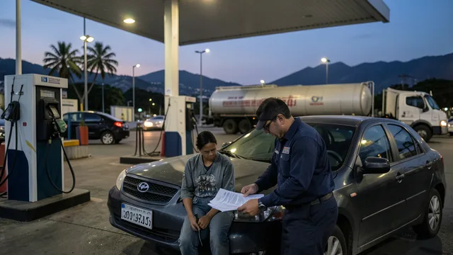 Imagem gerada por IA: Investigador examina documentos diante de um posto de combustíveis ao entardecer.