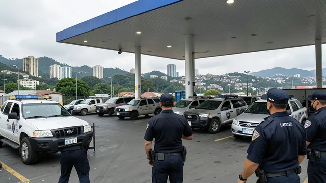 Imagem gerada por IA: Viaturas policiais diante de um posto de combustíveis durante uma investigação no Rio de Janeiro.