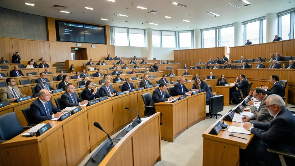Imagem gerada por IA: Plenário da Knesset com parlamentares conversando após as eleições israelenses.