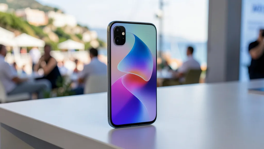Imagem gerada por IA: Smartphone premium exibido sobre uma mesa em um evento de tecnologia na Espanha.