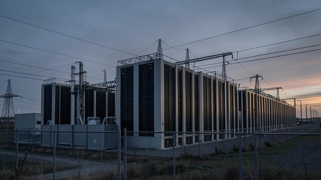 Imagem gerada por IA: Data center de grande porte ao entardecer, com equipamentos de refrigeração e infraestrutura elétrica.