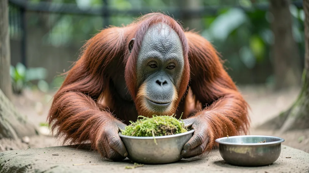 Imagem gerada por IA: Orangotango observa tigelas com musgo em um recinto de zoológico.