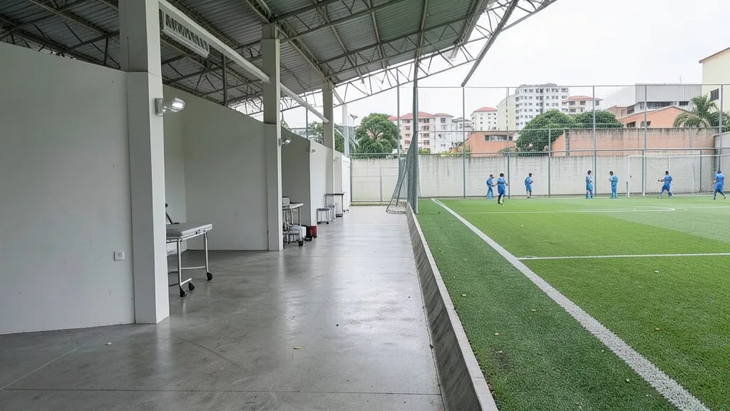 Imagem gerada por IA: Área médica em um centro de treinamento de futebol ao lado do campo.