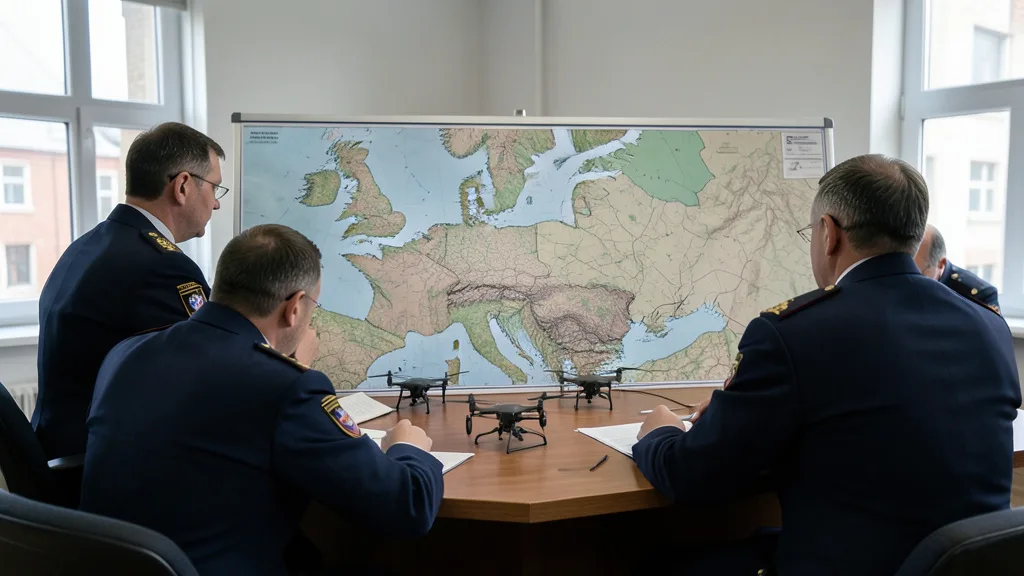 Imagem gerada por IA: Oficiais militares analisam um mapa da Europa em uma sala de planejamento.