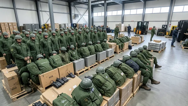 Imagem gerada por IA: Equipamentos militares organizados em um depósito, com funcionários ao fundo.