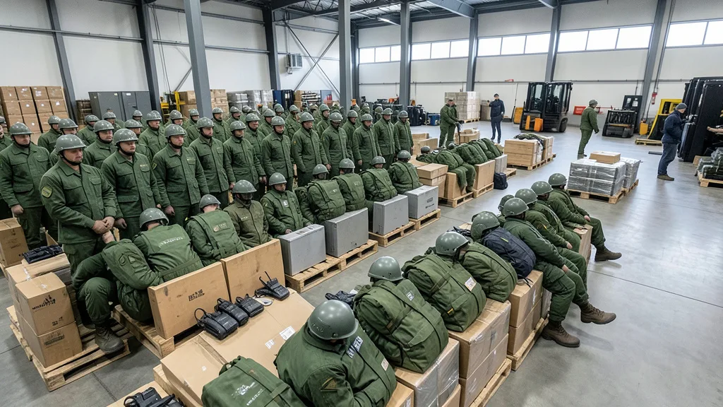 Imagem gerada por IA: Equipamentos militares organizados em um depósito, com funcionários ao fundo.