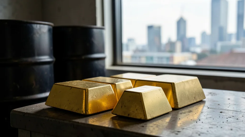 Imagem gerada por IA: Barras de ouro ao lado de barris de petróleo em um ambiente ligado ao mercado financeiro.