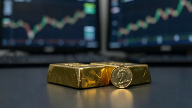 Barras e moeda de ouro sobre uma mesa escura, com telas de mercado desfocadas ao fundo.