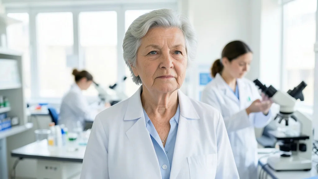 Imagem gerada por IA: Mulher madura em laboratório, com pesquisadora ao fundo examinando amostras ao microscópio.
