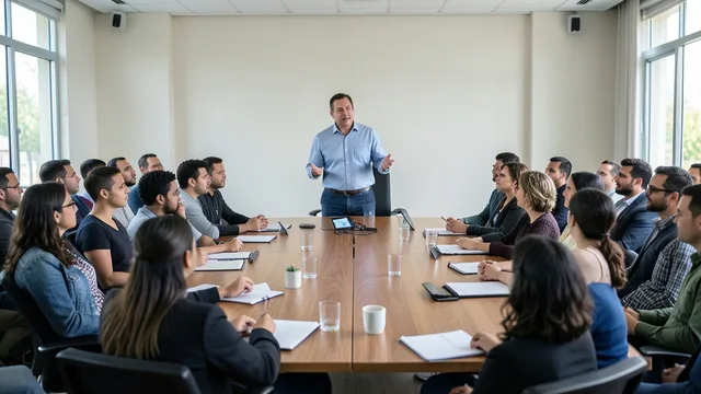 Imagem gerada por IA: Um palestrante conversa com influenciadores reunidos em uma sala de conferências.