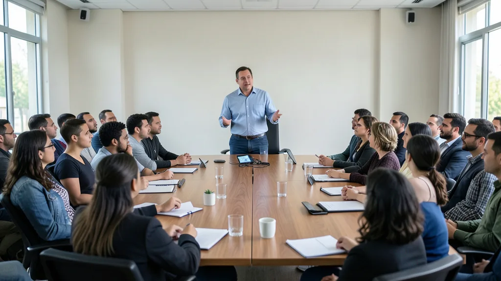 Imagem gerada por IA: Um palestrante conversa com influenciadores reunidos em uma sala de conferências.