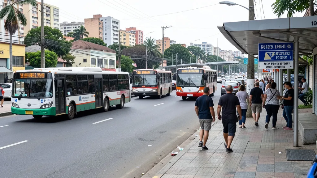 Imagem gerada por IA: Ônibus circulam por uma avenida de Salvador enquanto pessoas caminham pela calçada.