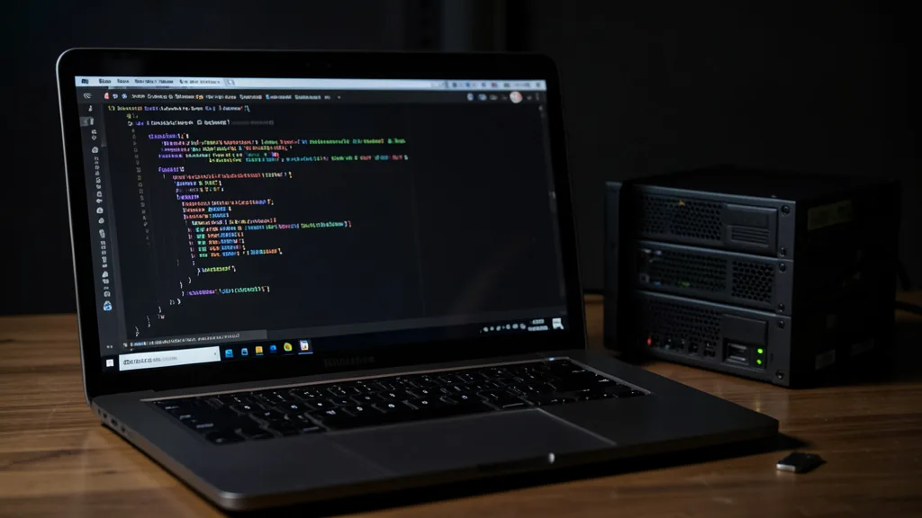 Imagem gerada por IA: Notebook com terminal de programação ao lado de servidores, representando um ataque a um pacote de software.