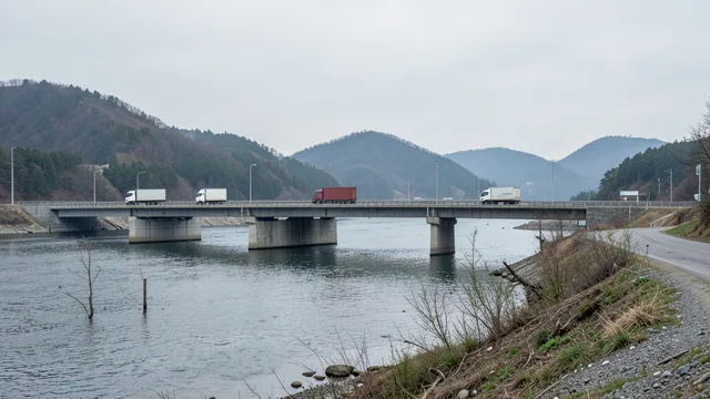 Imagem gerada por IA: Ponte rodoviária sobre o rio Tumen, na fronteira entre Rússia e Coreia do Norte.