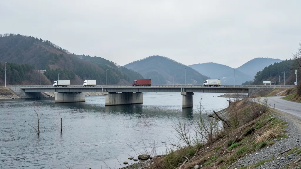 Imagem gerada por IA: Ponte rodoviária sobre o rio Tumen, na fronteira entre Rússia e Coreia do Norte.