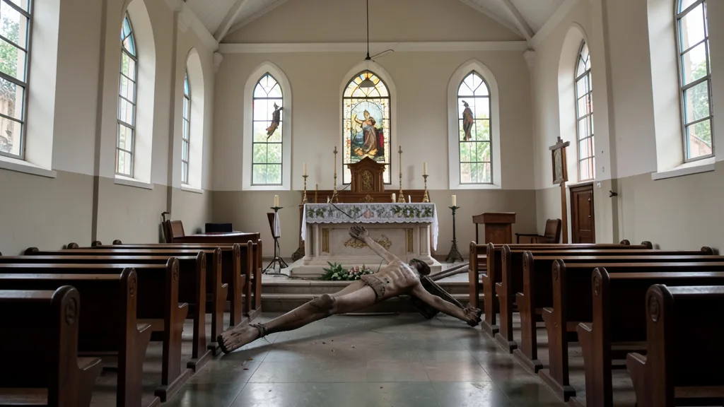 Imagem gerada por IA: Crucifixo caído próximo ao altar de uma igreja vazia.