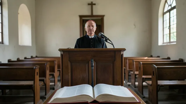 Imagem gerada por IA: Púlpito vazio com microfone e Bíblia aberta em uma igreja católica.