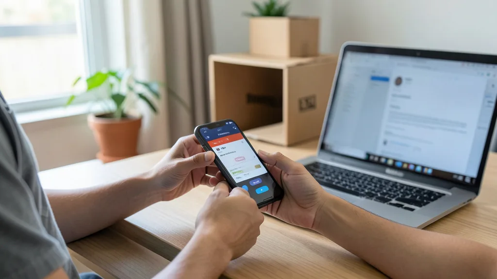 Pessoa faz um pagamento pelo celular em casa, com laptop e pacote de entrega ao lado.