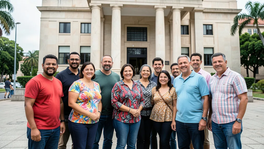 Imagem gerada por IA: Grupo diverso de pessoas LGBTQIA+ diante de um prédio legislativo.