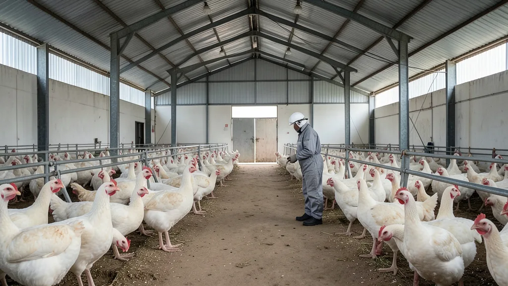Imagem gerada por IA: Perus em uma granja comercial, com um trabalhador usando roupa de proteção ao fundo.