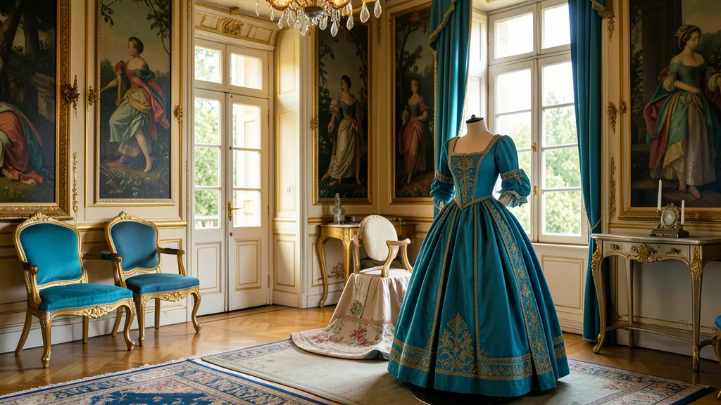 Imagem gerada por IA: Figurino de época exposto em um aposento decorado do Petit Trianon, em Versalhes.
