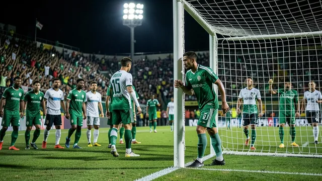 Imagem gerada por IA: Goleiro perto da trave após disputa de pênaltis em estádio lotado.