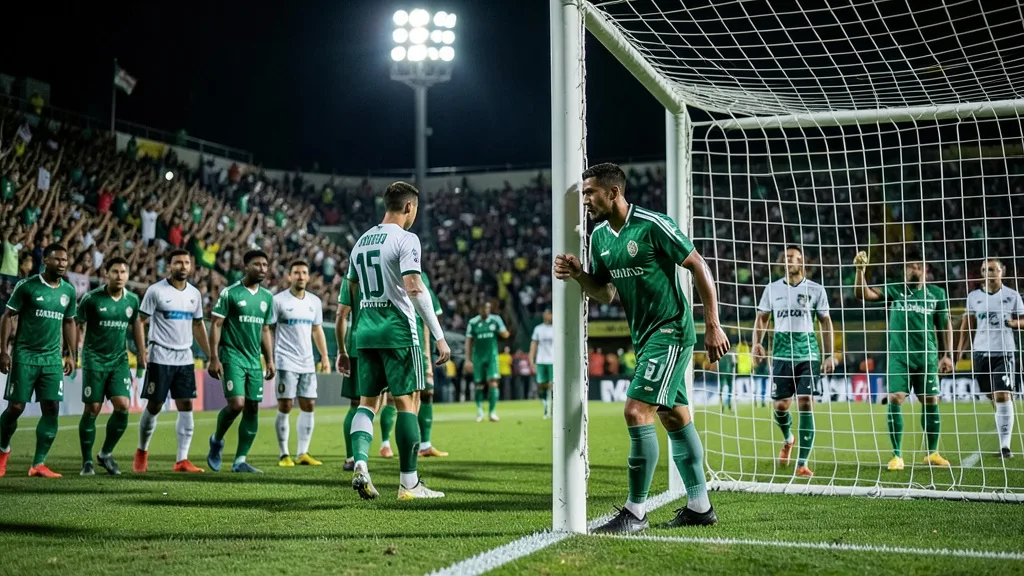 Imagem gerada por IA: Goleiro perto da trave após disputa de pênaltis em estádio lotado.