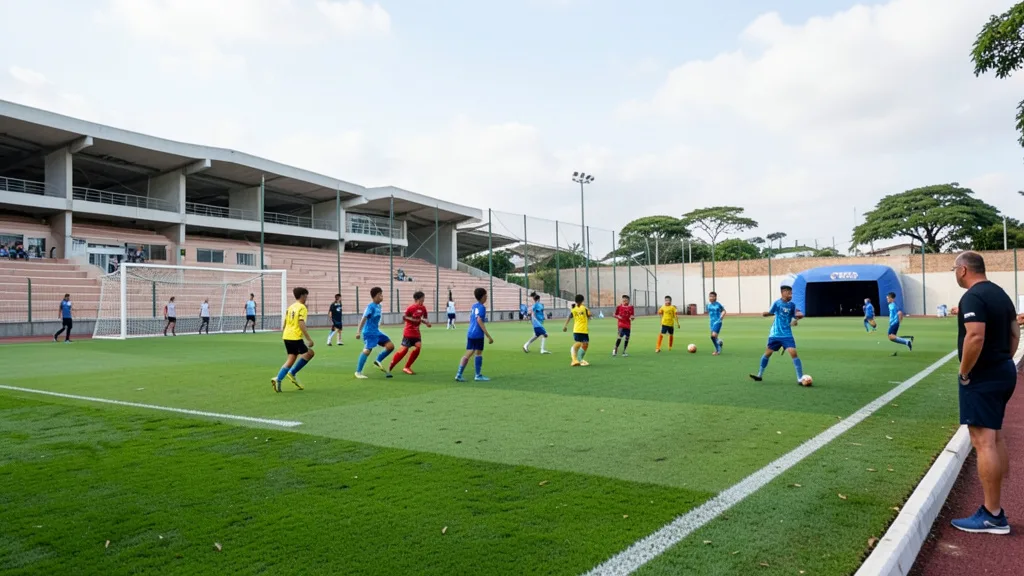 Imagem gerada por IA: Jovens jogadores treinam em um campo de futebol de uma academia esportiva.