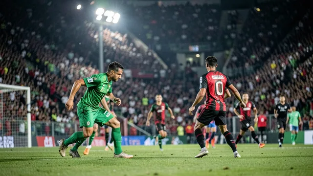 Imagem gerada por IA: Jogadores de verde e vermelho e preto disputam a bola em um estádio lotado.