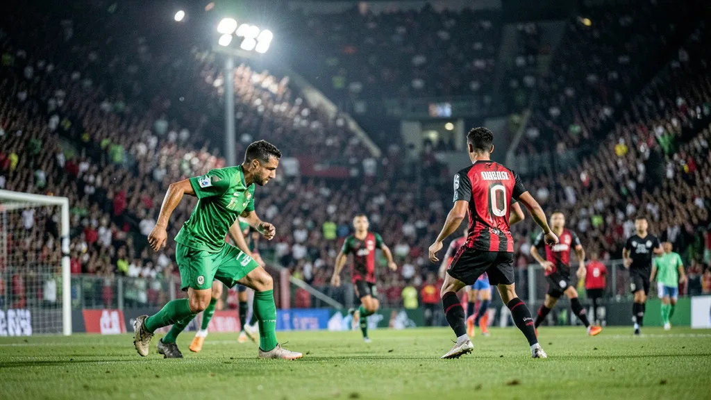 Imagem gerada por IA: Jogadores de verde e vermelho e preto disputam a bola em um estádio lotado.