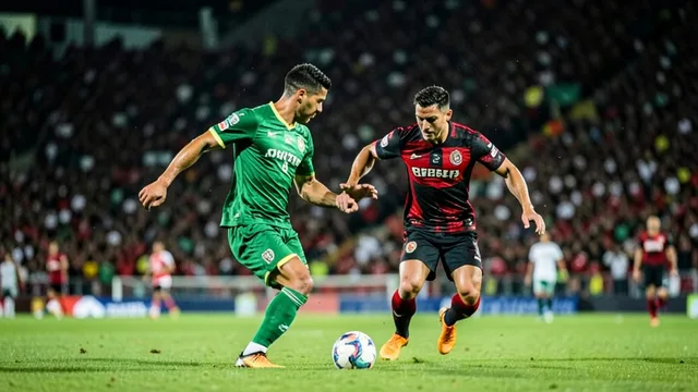 Imagem gerada por IA: Jogadores de verde e vermelho e preto disputam a bola em uma partida de futebol à noite.