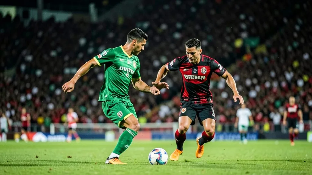 Imagem gerada por IA: Jogadores de verde e vermelho e preto disputam a bola em uma partida de futebol à noite.