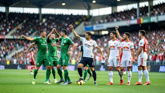 Imagem gerada por IA: Jogadores do Palmeiras comemoram gol em partida contra o Bragantino, com o estádio ao fundo.