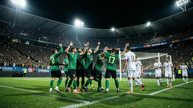 Imagem gerada por IA: Jogadores de verde comemoram a classificação em um estádio lotado à noite.