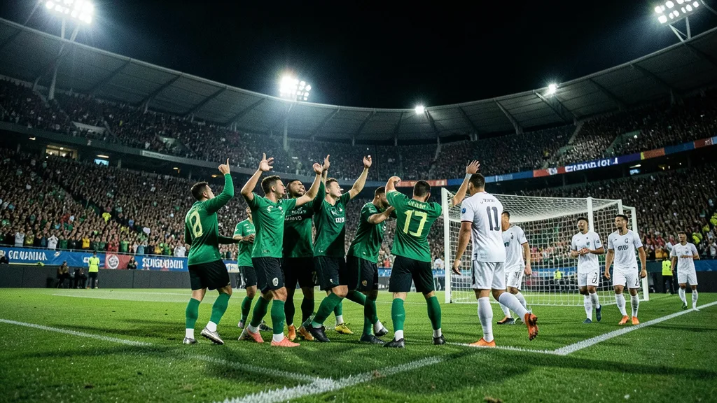 Imagem gerada por IA: Jogadores de verde comemoram a classificação em um estádio lotado à noite.