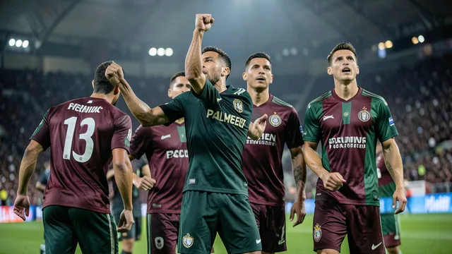Imagem gerada por IA: Jogador do Palmeiras comemora gol contra o Fluminense no Maracanã, com atletas adversários ao fundo.