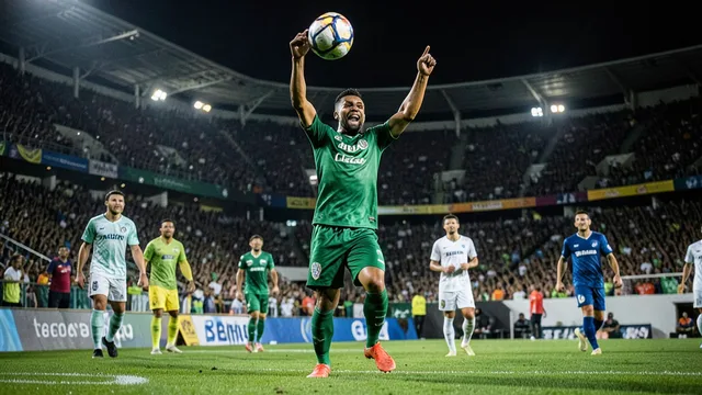 Imagem gerada por IA: Jogador do Palmeiras comemora gol durante partida contra o Bahia em um estádio iluminado.