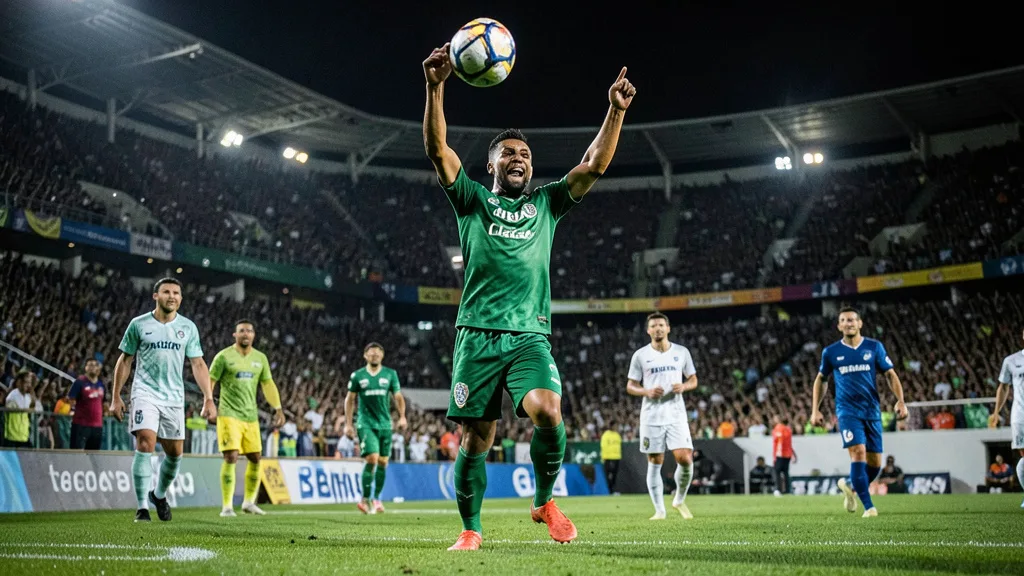 Imagem gerada por IA: Jogador do Palmeiras comemora gol durante partida contra o Bahia em um estádio iluminado.