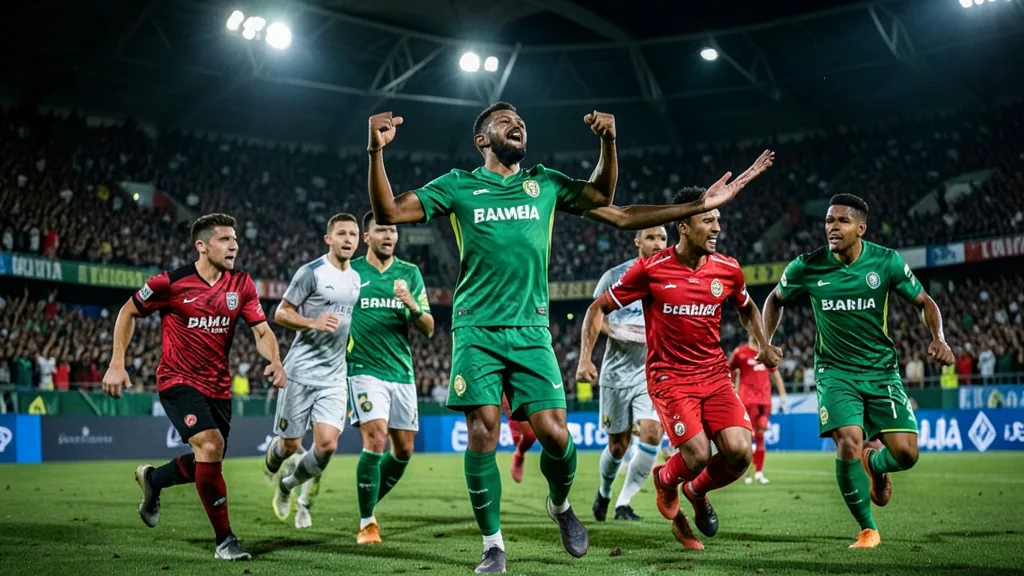 Imagem gerada por IA: Jogador do Palmeiras comemora o gol da vitória contra o Bahia em um estádio lotado.