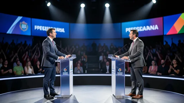Imagem gerada por IA: Dois políticos genéricos participam de um debate em um estúdio de televisão.
