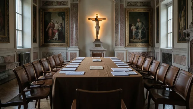 Imagem gerada por IA: Sala de conferência no Vaticano com cadeiras vazias, documentos sobre uma mesa e um crucifixo ao fundo.