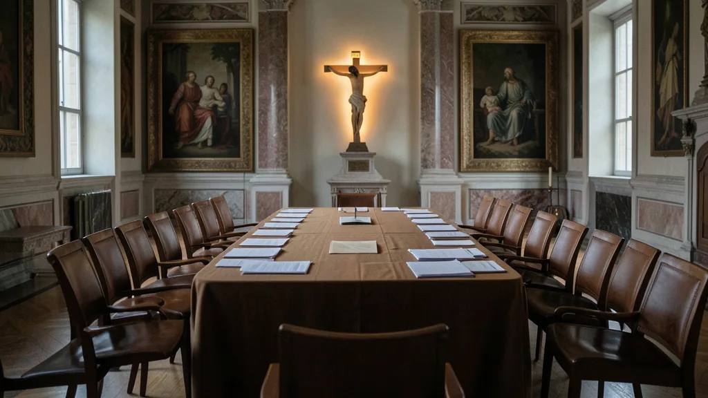 Imagem gerada por IA: Sala de conferência no Vaticano com cadeiras vazias, documentos sobre uma mesa e um crucifixo ao fundo.