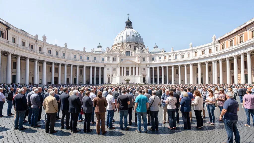 Imagem gerada por IA: Fiéis reunidos na Praça de São Pedro, com a Basílica de São Pedro ao fundo.